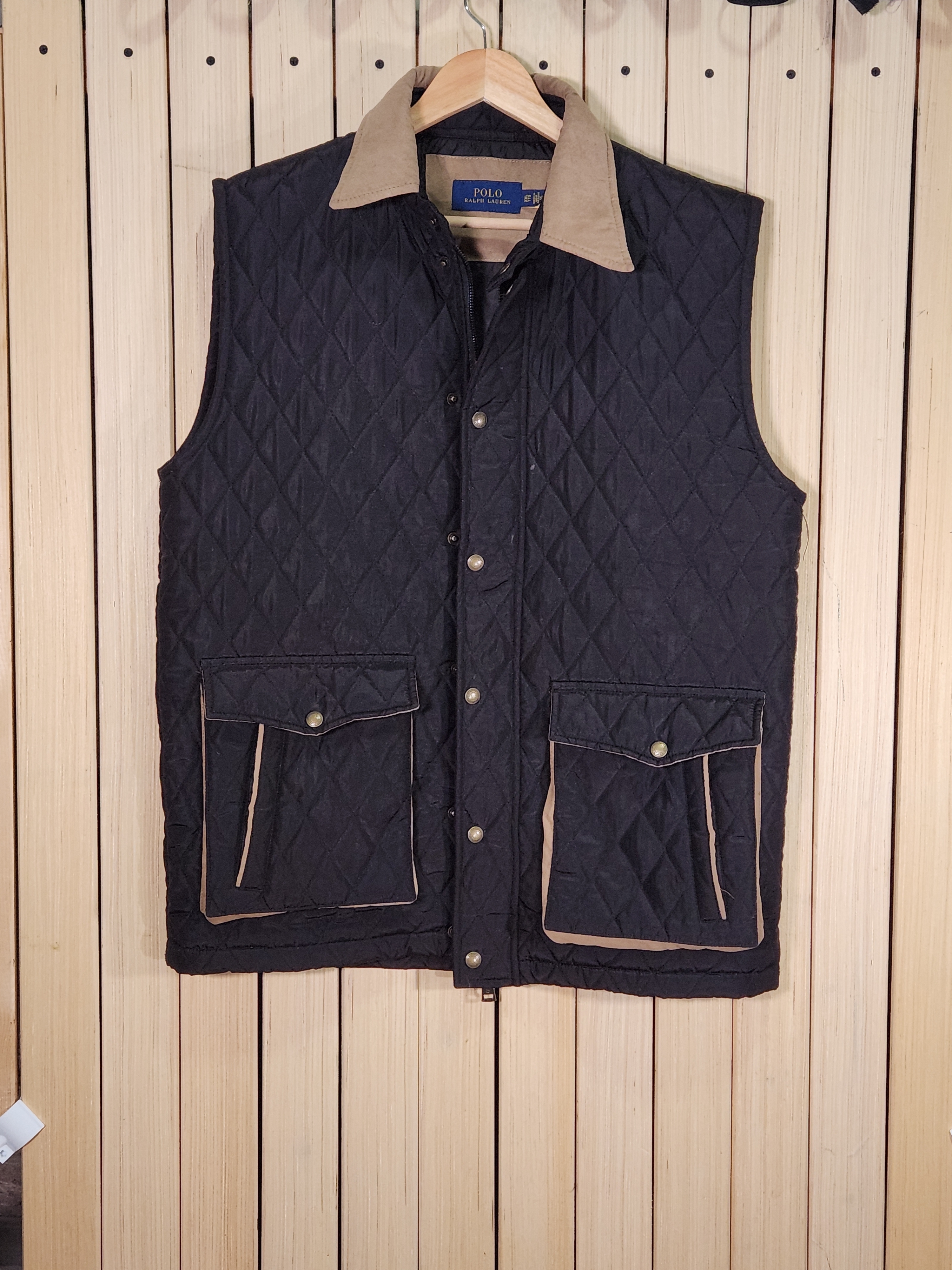 Polo By Ralph Lauren Vest Black Quilted With Tan Trim
